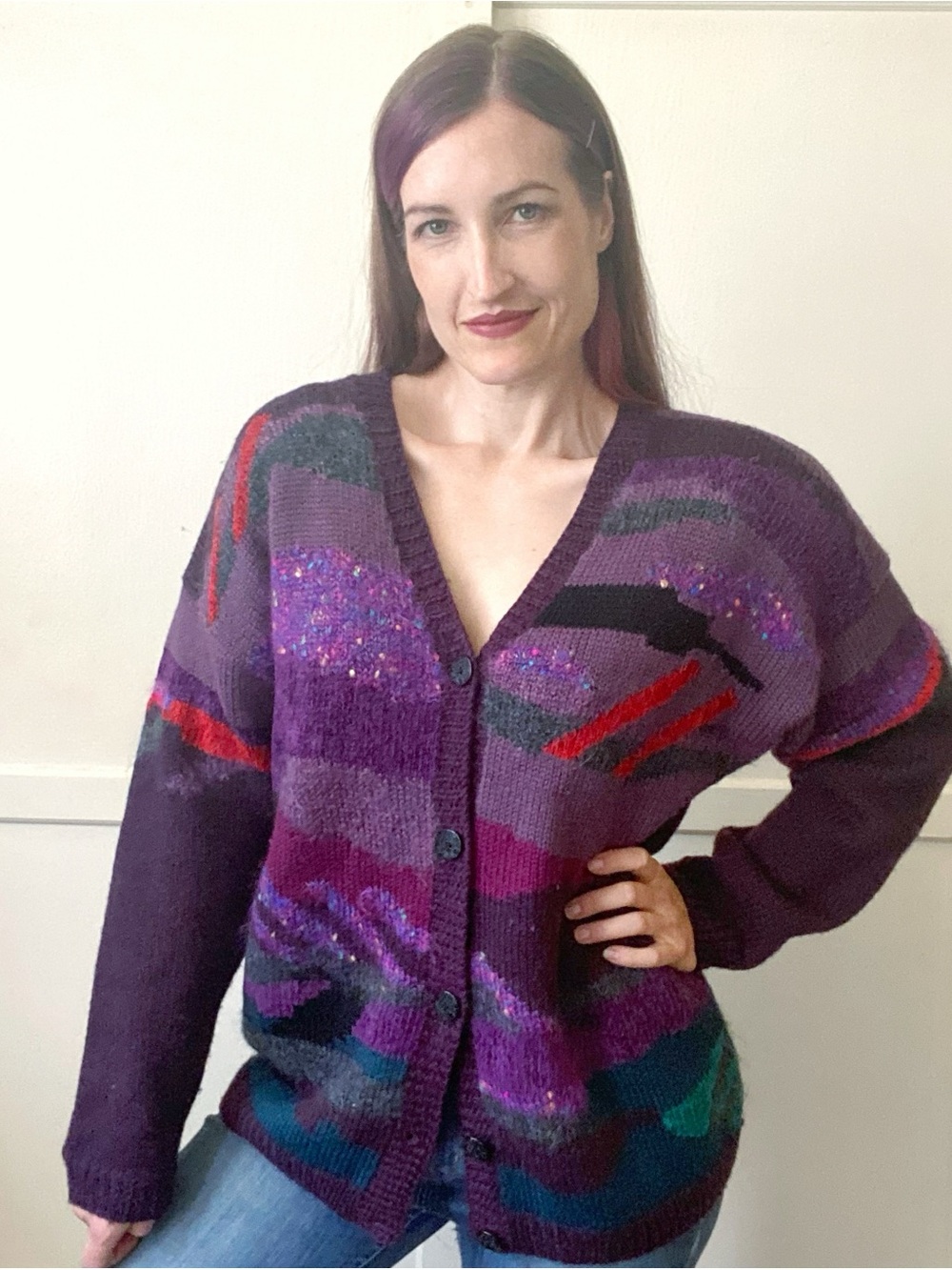 Carole Little Purple Wool & Mohair Multicolor Patterned V-Neck Cardigan
